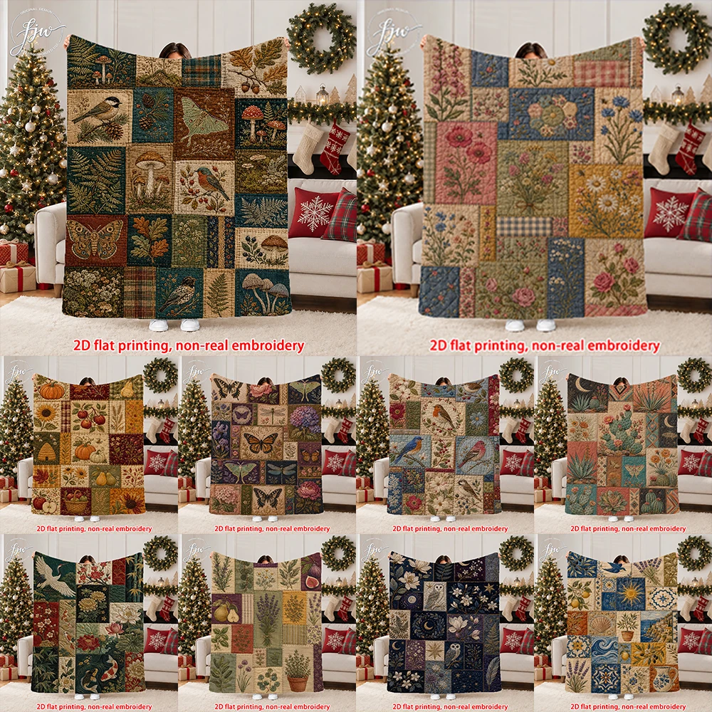 1pc  Vintage Patchwork Quilted Throw Blanket, 2D Flat Printed Boho Floral Bird Nature Themed Soft Blanket for Couch Bed Living