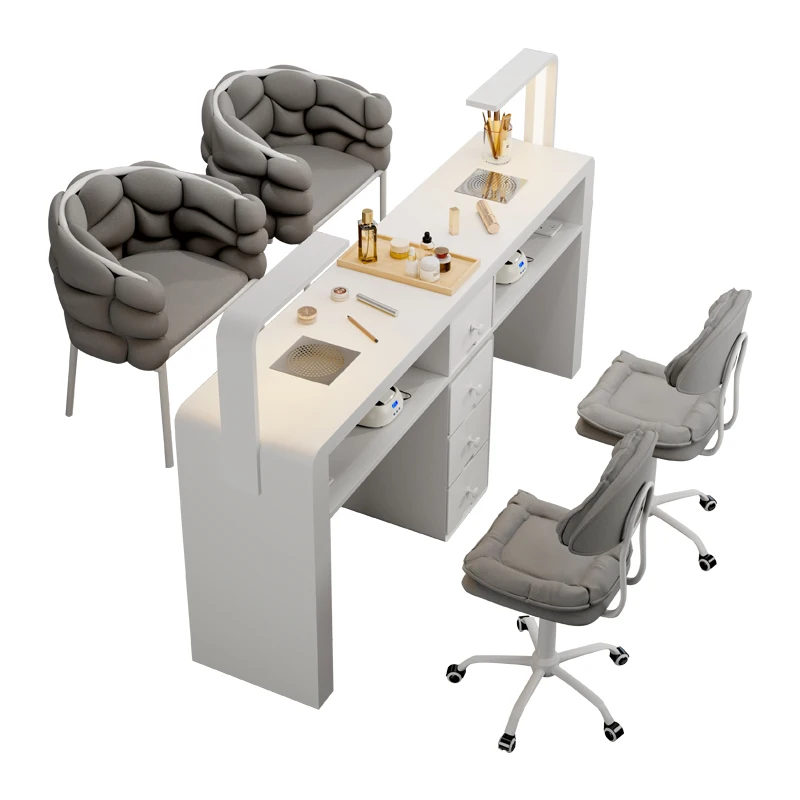 Multifunctional Cream Wind Nail Art Table and Chair Set Single Double Solid Wood Nail Art Table with Vacuum Cleaner