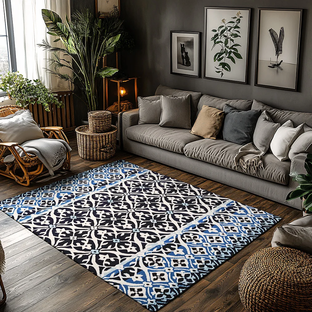 

Синий марокканский коврик с узором в виде плитки, нескользящий коврик для дома и улицы, моющийся напольный ковер, домашний декор, современные геометрические коврики D