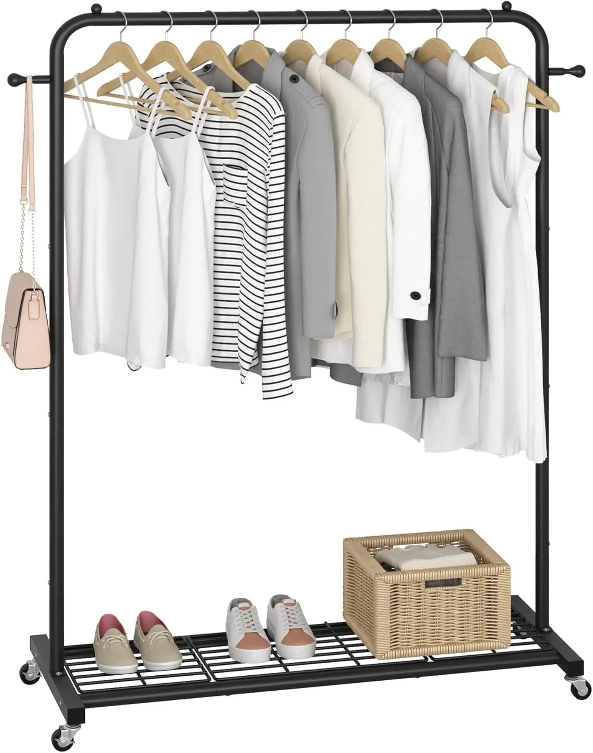 

Clothing Rack on Wheels with Mesh Storage Shelf & Sturdy Metal Frame, Rolling Garment Rack for Hanging Clothes, Coats, S