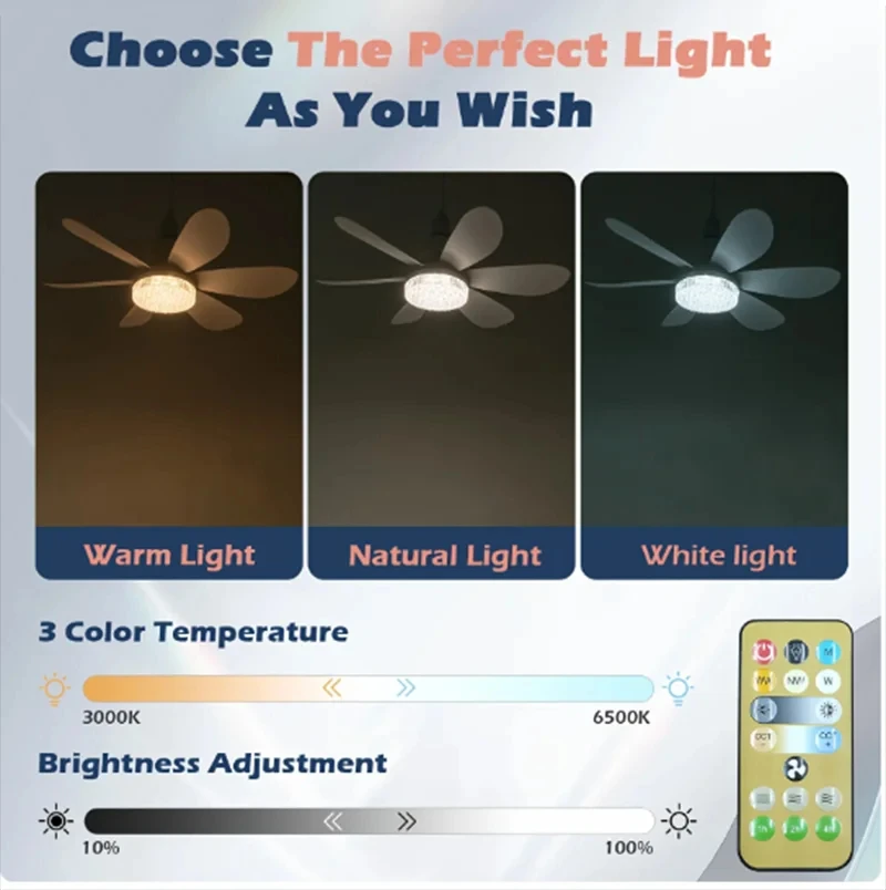 LED 30W Ceiling Fan Light E27 With Remote Control Low Noise for Dimming for Living Room Study Bedroom Kitchen Toilet 85-265V