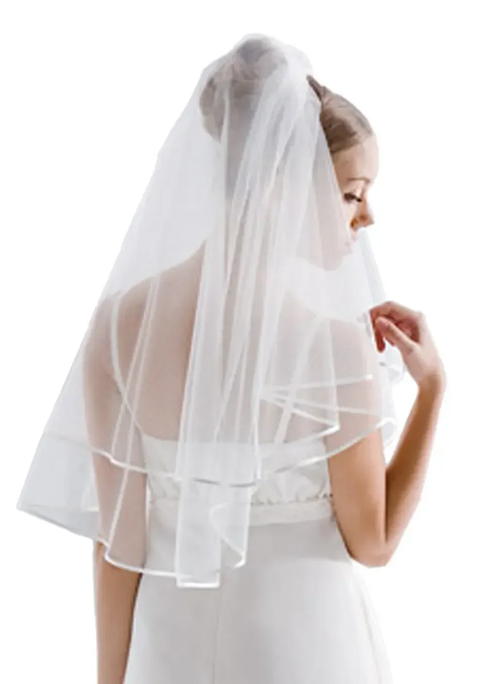

2-Tier Satin Edged Plain Designer Bridal Veil Waist Length 2023