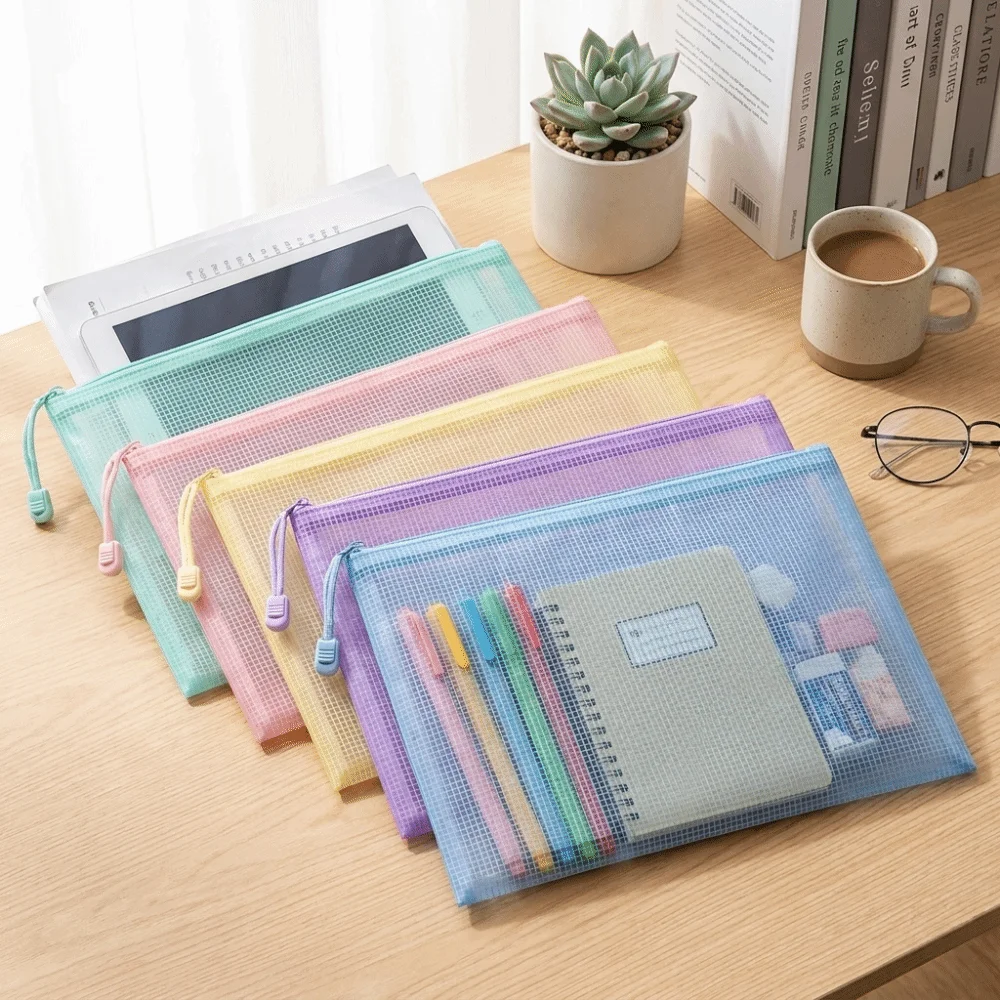 New A4 Size Mesh Zipper Bags Clear Waterproof Document Storage Bag Grid Morandi Color File Pouch Student