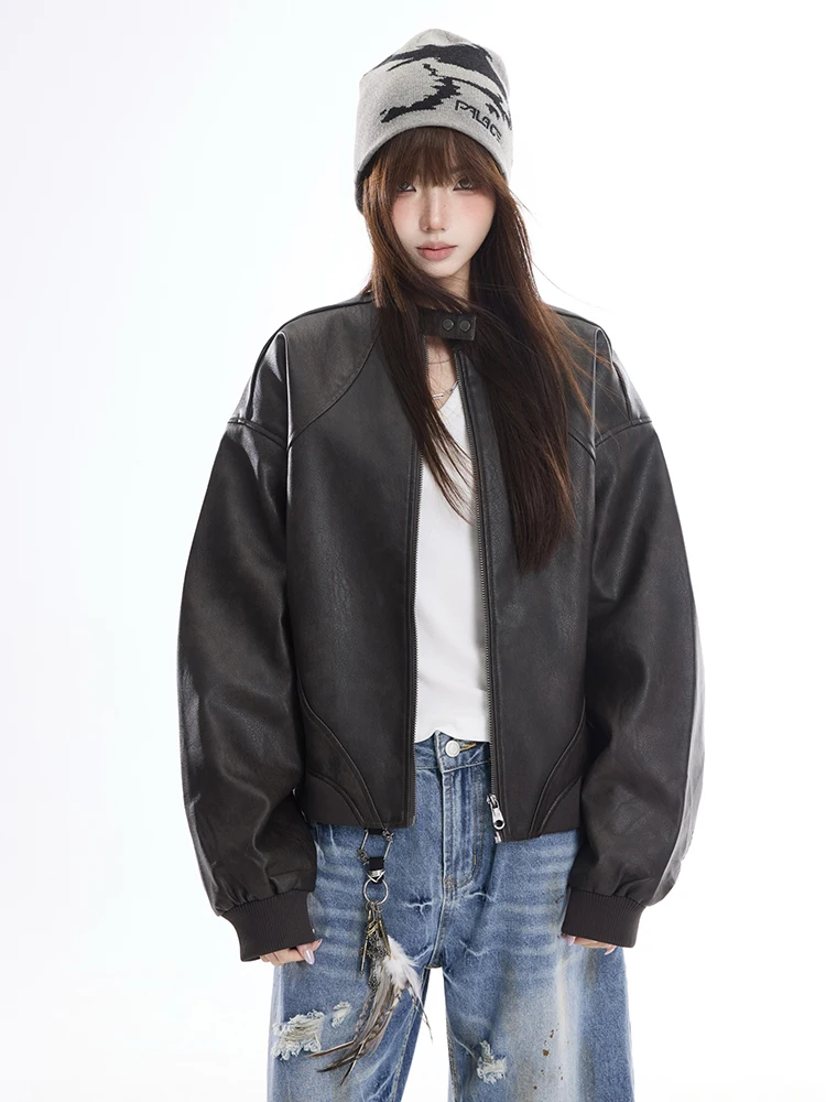 American Retro Stand Collar Short Leather Jacket Women Slimming Versatile Autumn Winter 2026 New Motorcycle Jacket Black Oute...