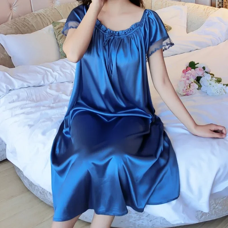 

Ice Silk Lace Long Sleepwear V-neck Sleepwear Set Nightdress Homewear Nightwear Pyjamas Female Nightgown Loose Plus Size