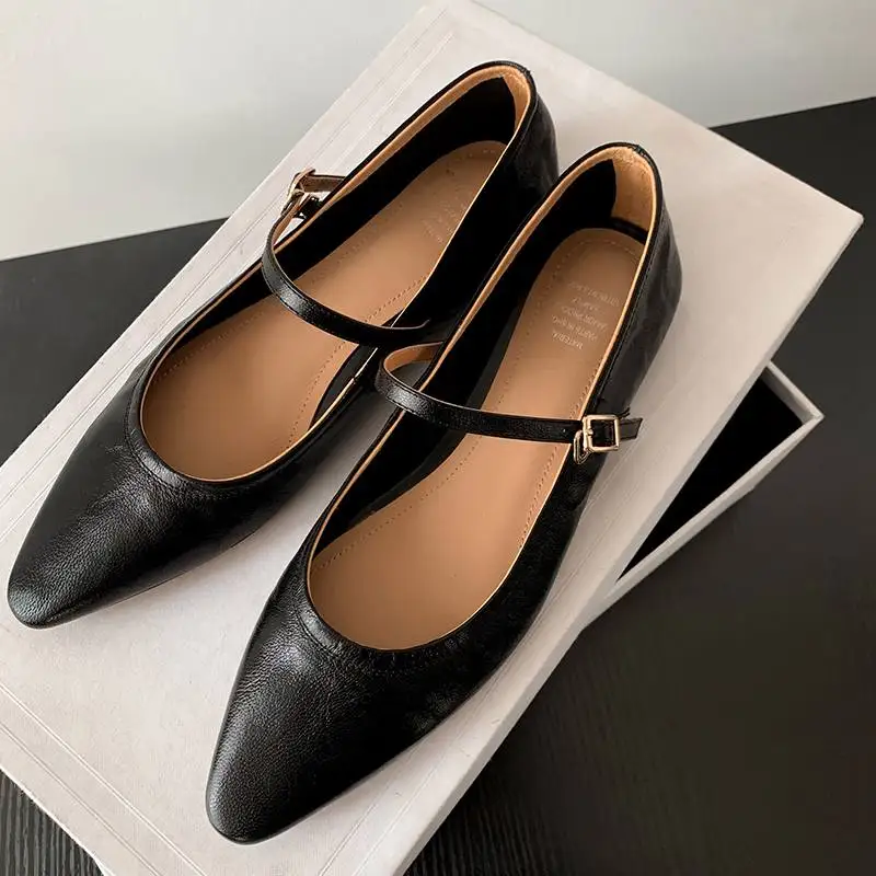 Krazing Pot Cow Leather Round Toe Buckle Straps Women Spring Modern Simple Mature Fashion Mary Janes Summer Cozy Ballet Flats