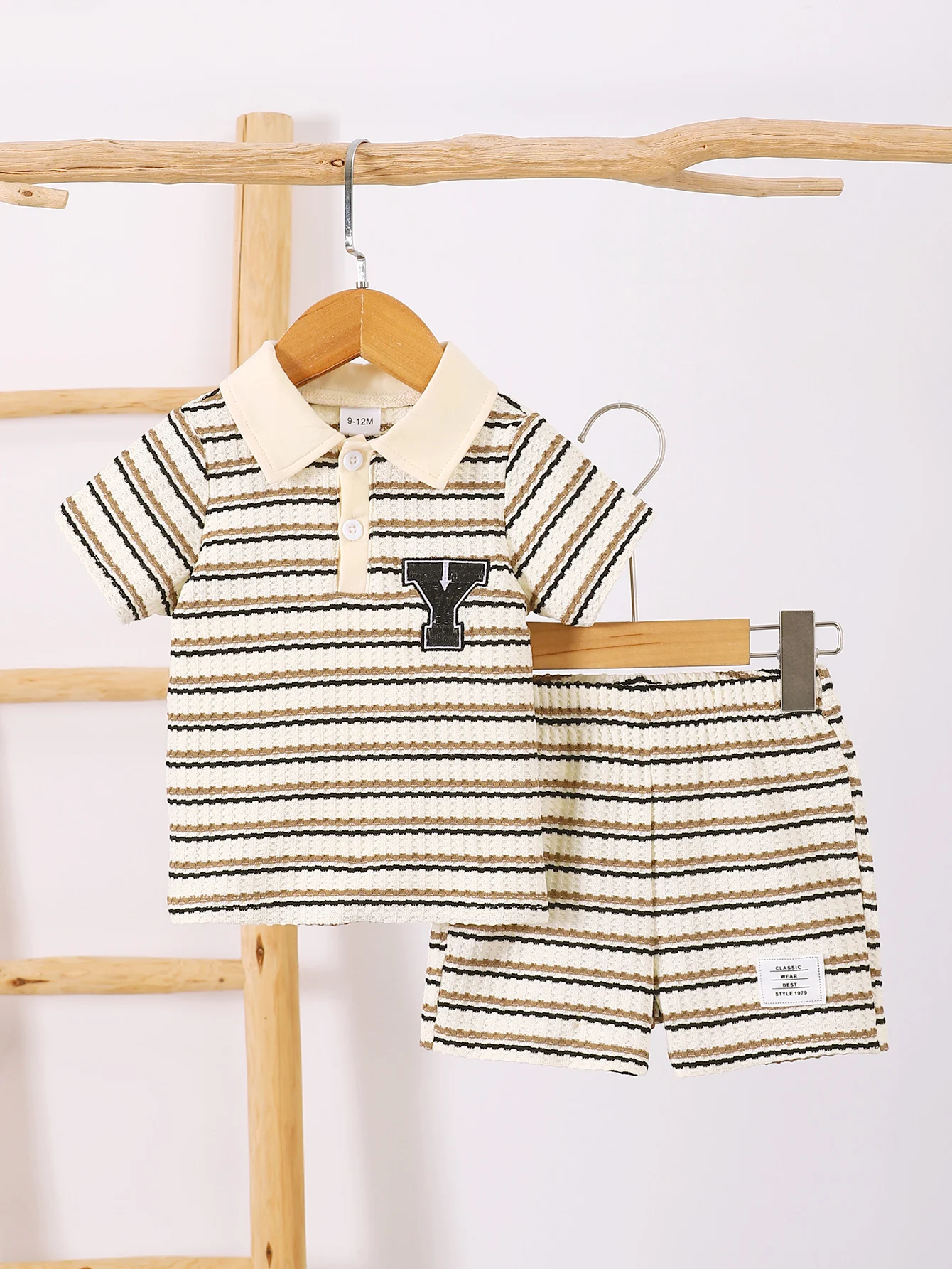 Summer  0-3 Years  Old  Infant  Baby  Boys  Striped  Lapel   Short-Sleeved  Top  And  Shorts  2-Piece  Set