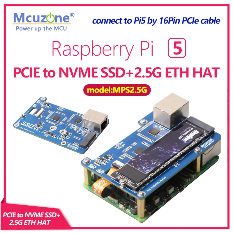 (MPS2.5G)Raspberry Pi 5 PCIe TO NVMe SSD + 2.5g ETH Hat RTL8125, สนับสนุน RPI OS, Ubuntu, 2280,2242, SSD ขนาด2230