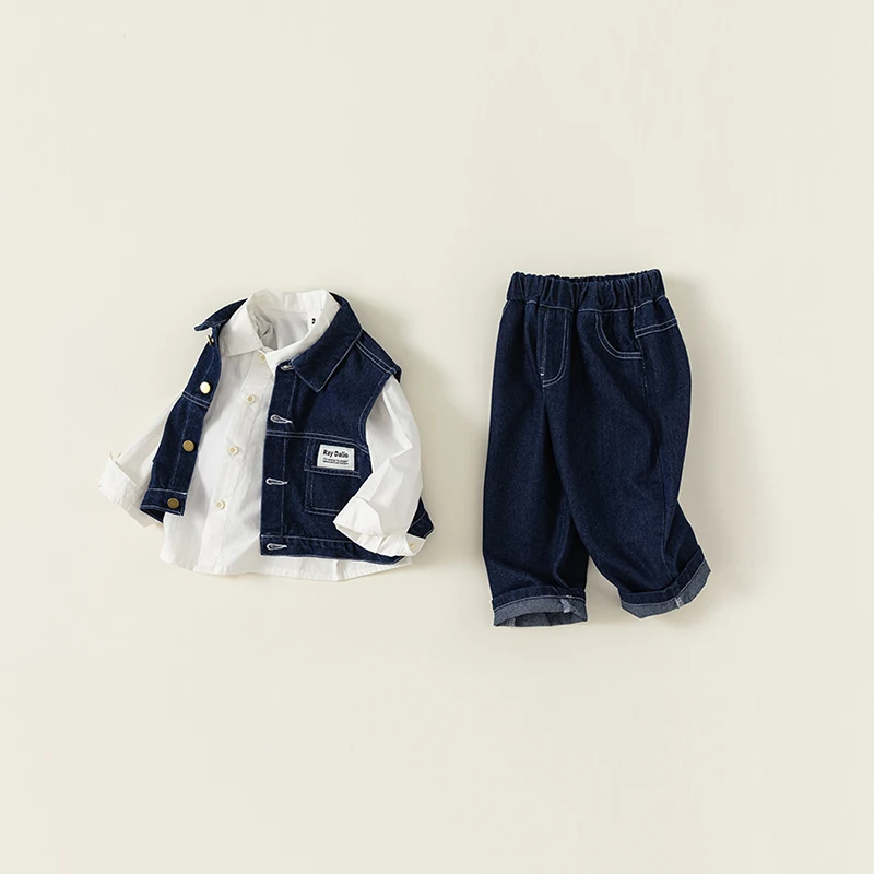 Children's Suit Boys Fall Fashion Denim Waistcoat White Shirt Jeans Three-piece Suit