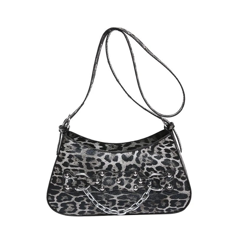 Leopard Leather Underarm Baguette Bag For Women's Commuter Shoulder Purse Locomotive Ladies Riveted Chain Shopper Tote Handbag