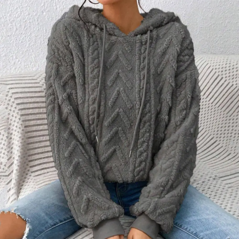 Winter Solid Color Hoodie Cozy Stylish Women's Autumn Winter Hoodie Plush Jacquard Design Drawstring Hood Long Sleeve Pullover