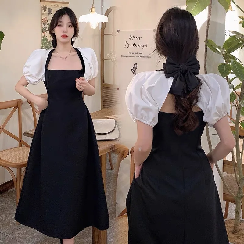 French Style Adult Lady like Woman Young Design Stitching Niche Dress Women's Retro Waist-Controlled Mid-Length A- line Skirt