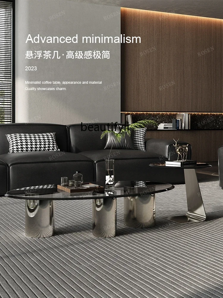 

Italian Minimalist Oval Black Tempered Glass Tea Table Stainless Steel round Modern Minimalist Design A16