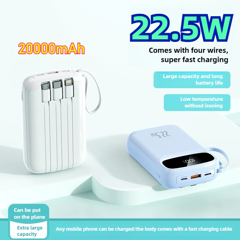 

Портативный внешний аккумулятор Power Bank 20000 мАч, 22,5 Вт, быстрая зарядка, поставляется с 4 линиями для IPhone 16, Samsung, Xiaomi, Huawei