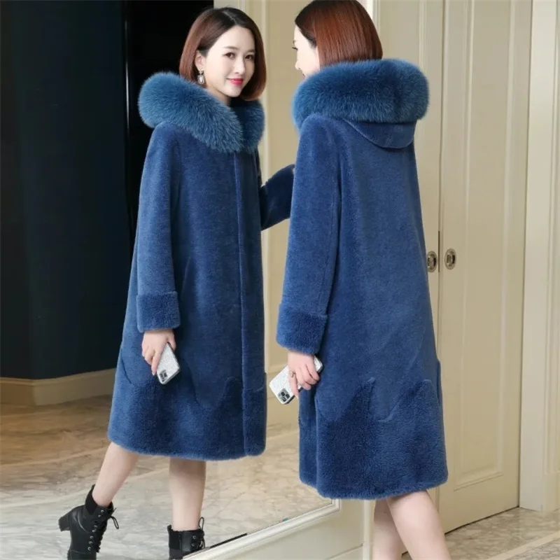 Mooie Nieuwe Schapen Scheren Jas Vrouwen Winter Faux Fur Overjas Midden-Aged Vrouwelijke Hooded Winddicht En Warme Jassen