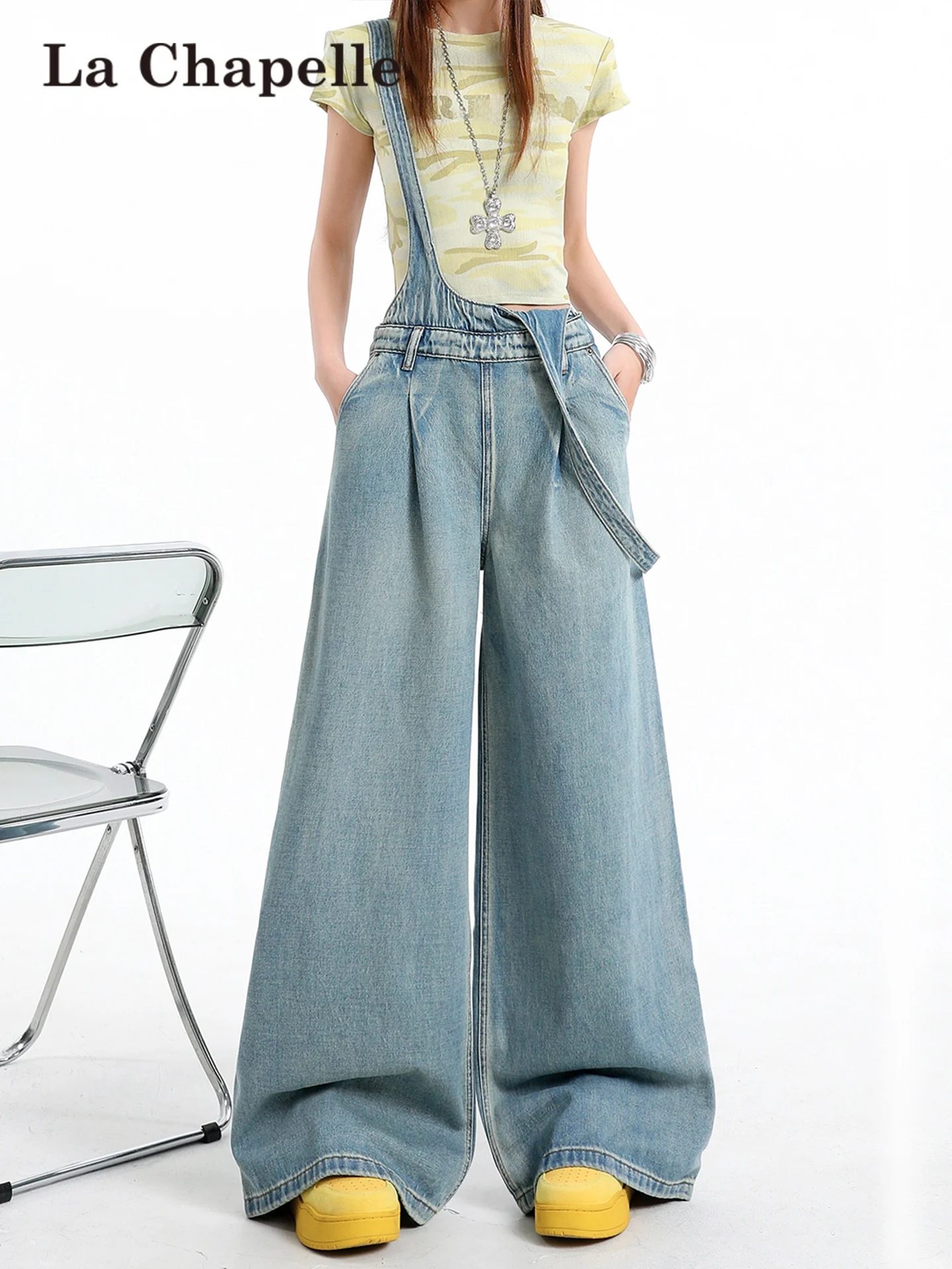 

Женские джинсовые комбинезоны La Chapelle с регулируемыми широкими штанинами, ретро-стиль, синие, повседневные, с высокой талией, на молнии, однотонные