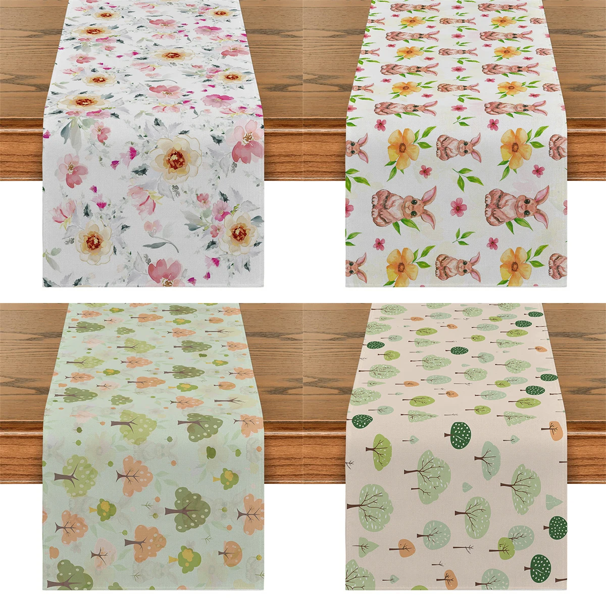 Green Woods Table Flag Cute Rabbit Flower Plant Table Runner Hotel Holiday Party Family Kitchen Children'S Table Aesthetic Decor