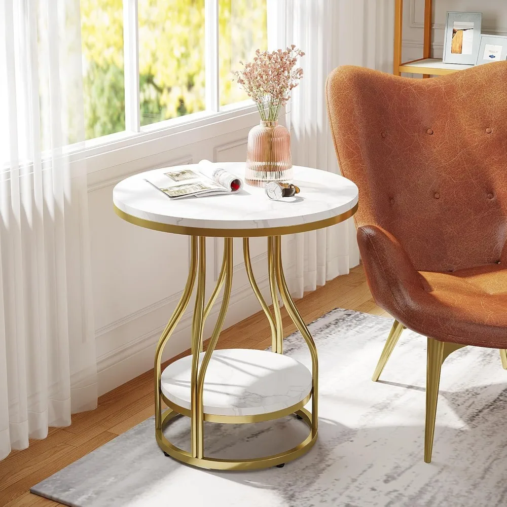 

2-Tier Round Side Table, Modern End Table with Storage, Bedside Table with Metal Frame, Nightstand for Bedroom, Living Room