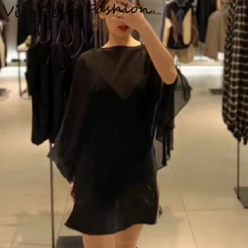 Elegantes, gestapeltes kurzes Satin-Kleid für Damen, V-Ausschnitt, verstellbare Spaghettiträger, geteilter, transparenter Kittel, 2025, NEU, durchsichtiges Damenkleid