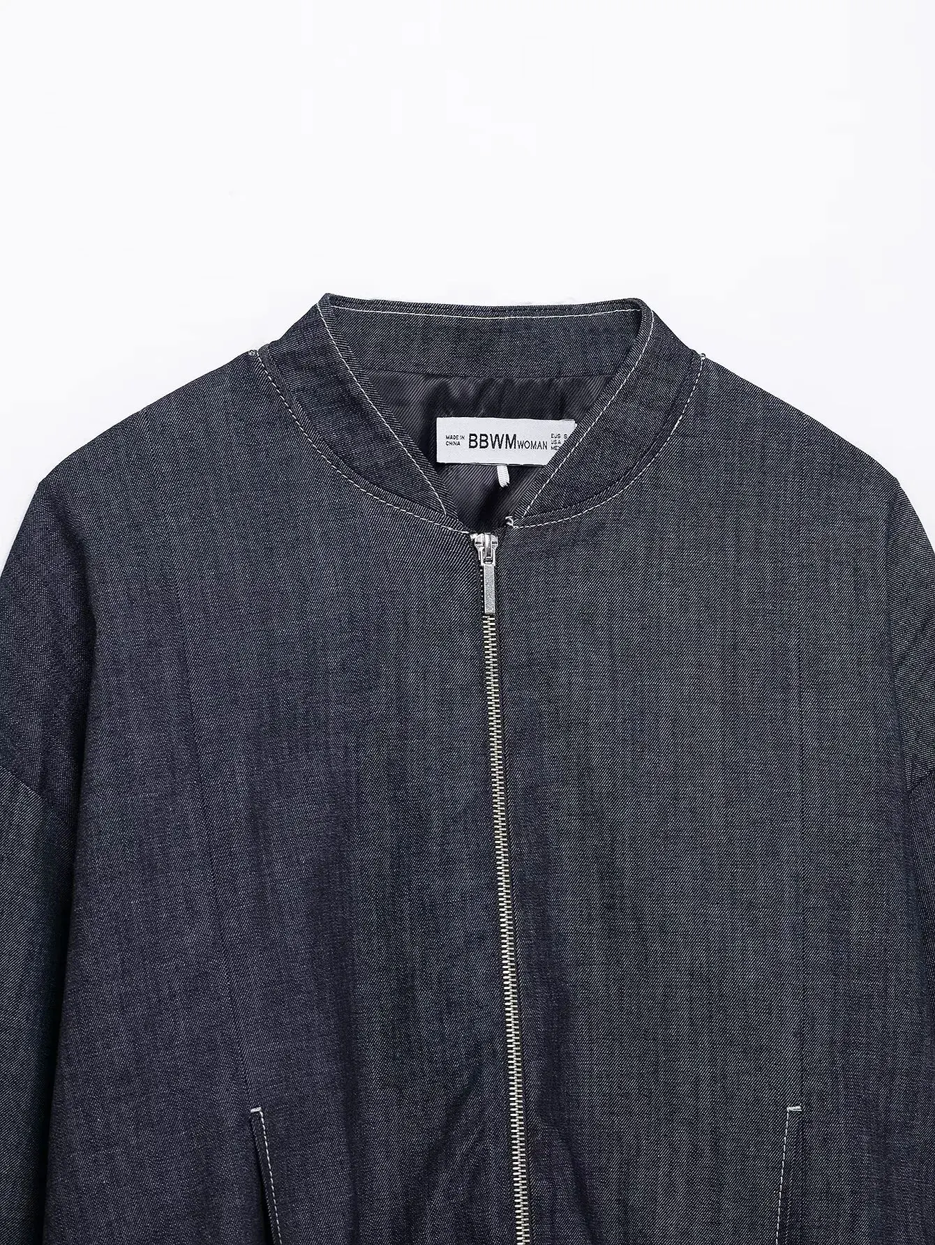 HH Neue Street Fashion Denim Bomber Jacke Für Frauen Einfarbig Stehkragen Zipper Mit Tasche Ballon Stil Kausalen Mäntel – Detail 6