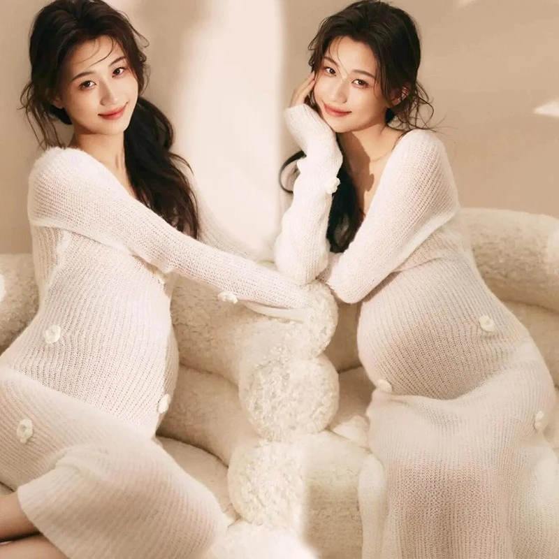 

Women Maternity Dress for Photography Lady White Elegant Autumn Knitting Pregancy Dresses for Studio Photo Shooting Clothing
