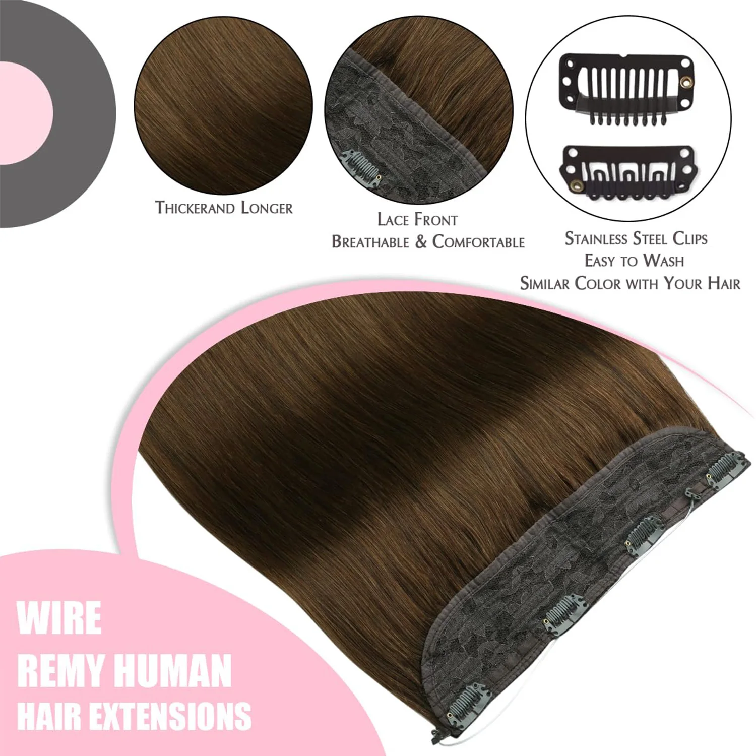 وصلات شعر هالة غير مرئية، شعر بشري حقيقي، سلك سمكة، شريط قابل للتعديل، مشبك سري للنساء، بني شوكولاتة #5