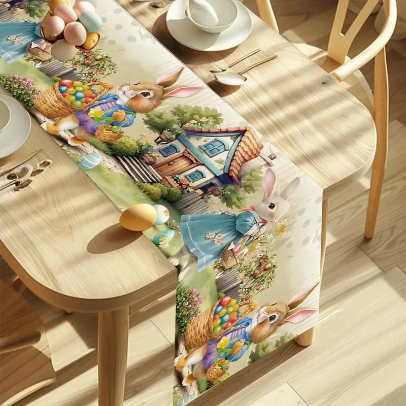 VIKAMA Watercolor Rabbit Printed Table Flag Easter Party Table Arrangement Long Scarf Holiday Table Decoration