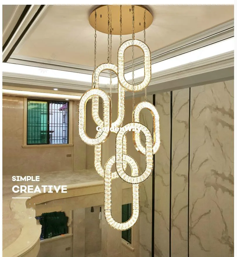 Modern Double Staircase Large Crystal Pendant Lamp D60cm Villa Luxury Stainless Steel LED Long Crystal Living Room Chandelier