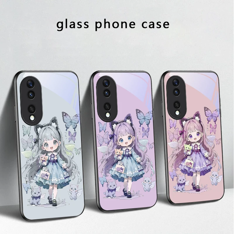

Q-version Blue Butterfly For Honor X5 Plus X30 X9c Smart X5b X9a X30 Max X50i 30 Pro 50 Pro 70 90Smart 200 Lite Glass Phone Case