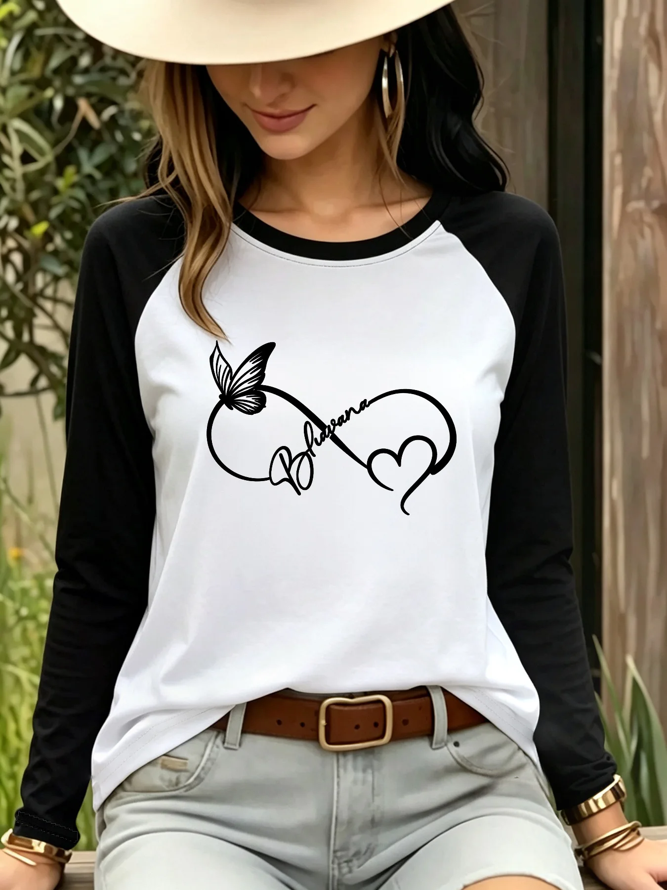 Butterfly Heart Eternal Order Women's Long Sleeve Tops Round Neck Raglan Sleeve T-Shirt Casual Graphic T Shirt Female Clothes