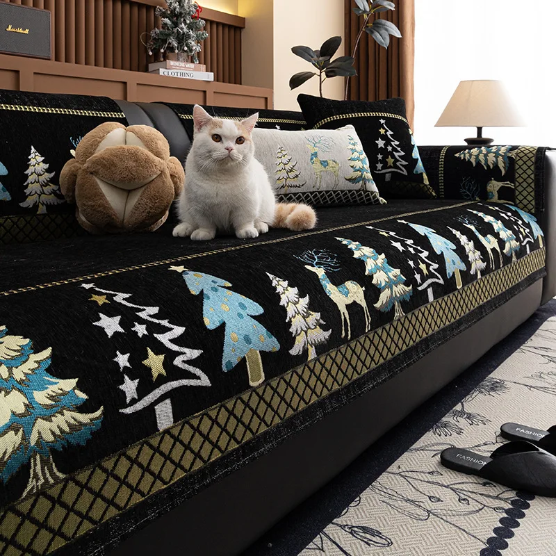 Christmas Tree Printed Chenille Sofa Cushion High Quality Non-Slip Couch Covers for Holiday Sectional Anti-Scratch Sofa Cover