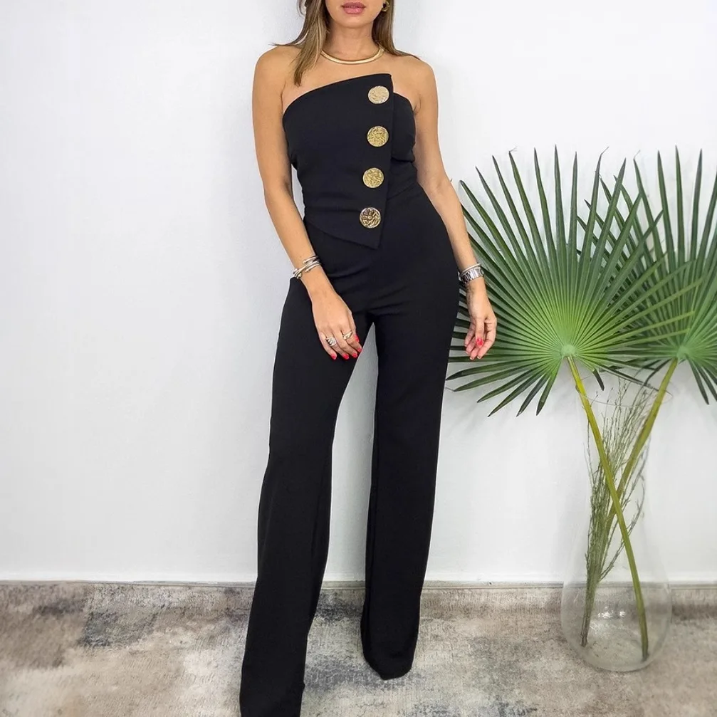 Elegant Women's Sexy Jumpsuits Pants 2024 Summer Button Micro Flared Jumpsuit  Kombinezony Na Lato Damska Sleeveless Jumpsuits