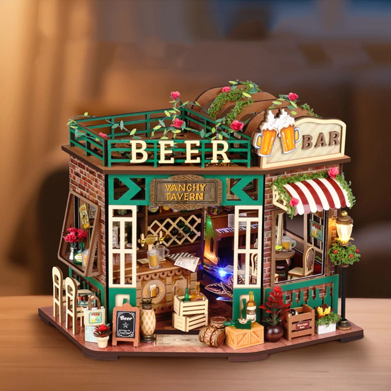 DIY Fanxi Tavern Houten Poppenhuis Miniatuur Meubelset 3D Assemblagemodel Speelgoed voor Kinderen Volwassen Kerstcadeau Casa