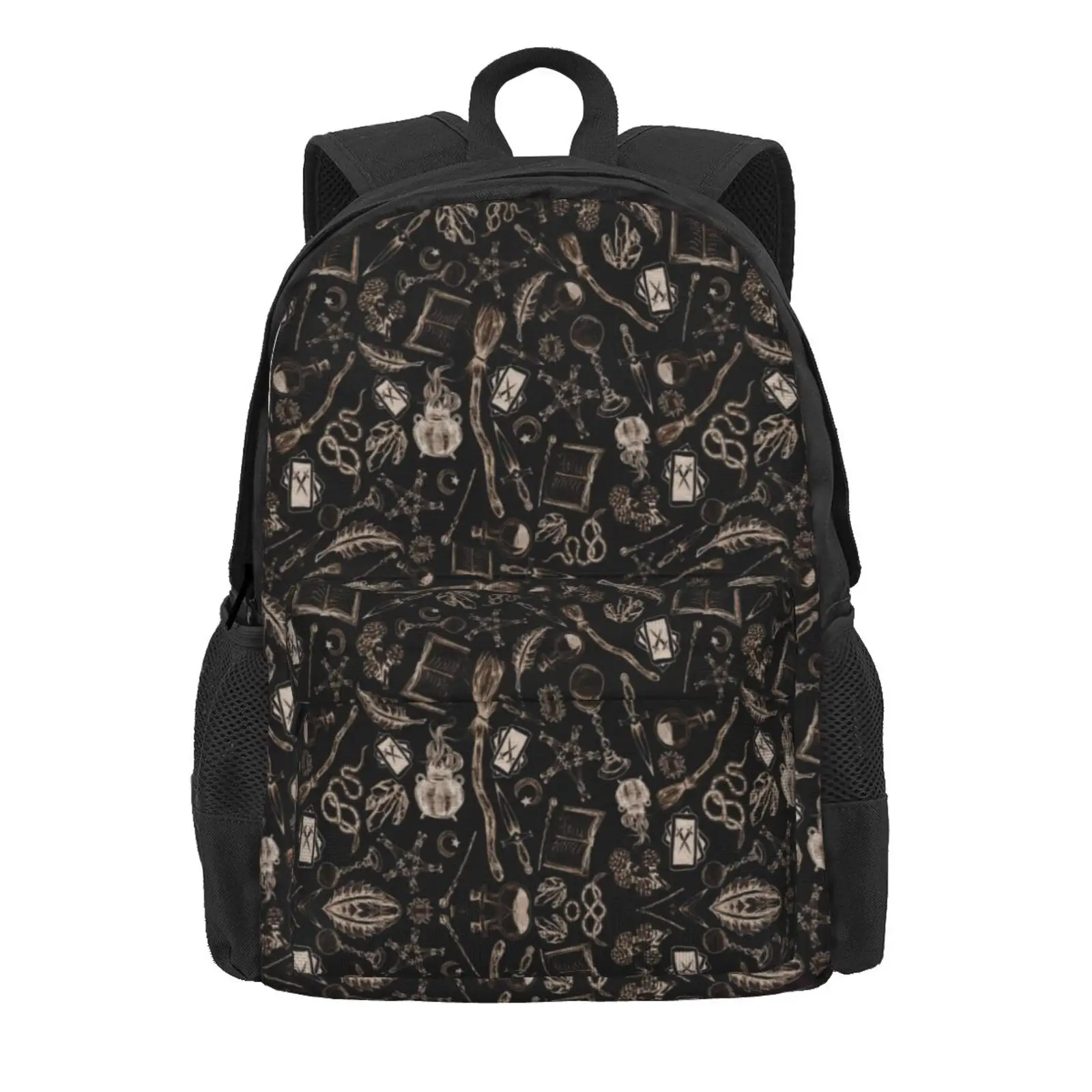 Modern Witches Altar In Black And Gold Hot Sale Schoolbag Backpack Fashion Bags Halloween Spooky Spoopy Creepy Black White Pen