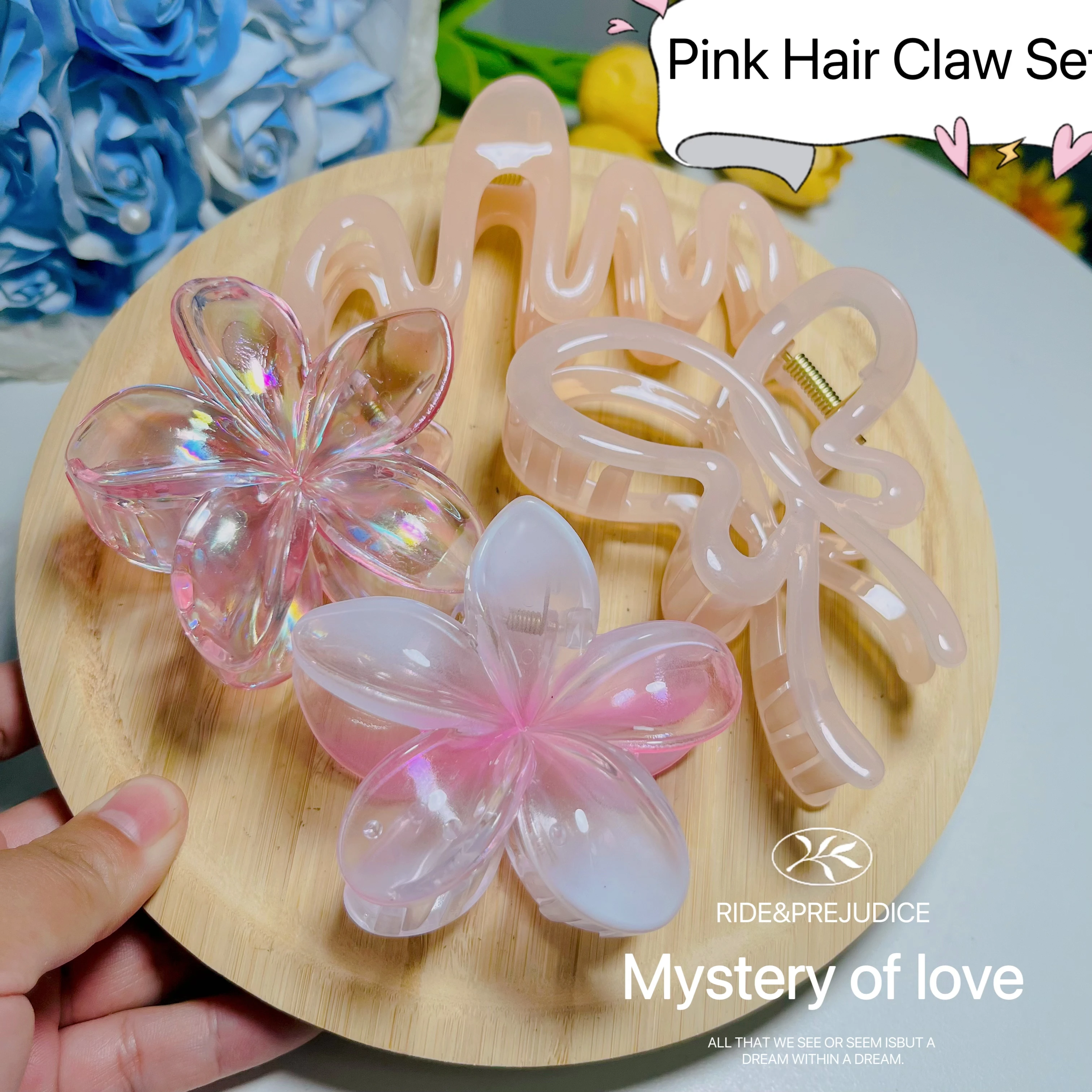 4Pcs Pink Jelly transparent Wave Flower Butterfly Hair Claw Hairpin Women Girl Fashion Korean Sweet Hair Clip Headwear Wholesale