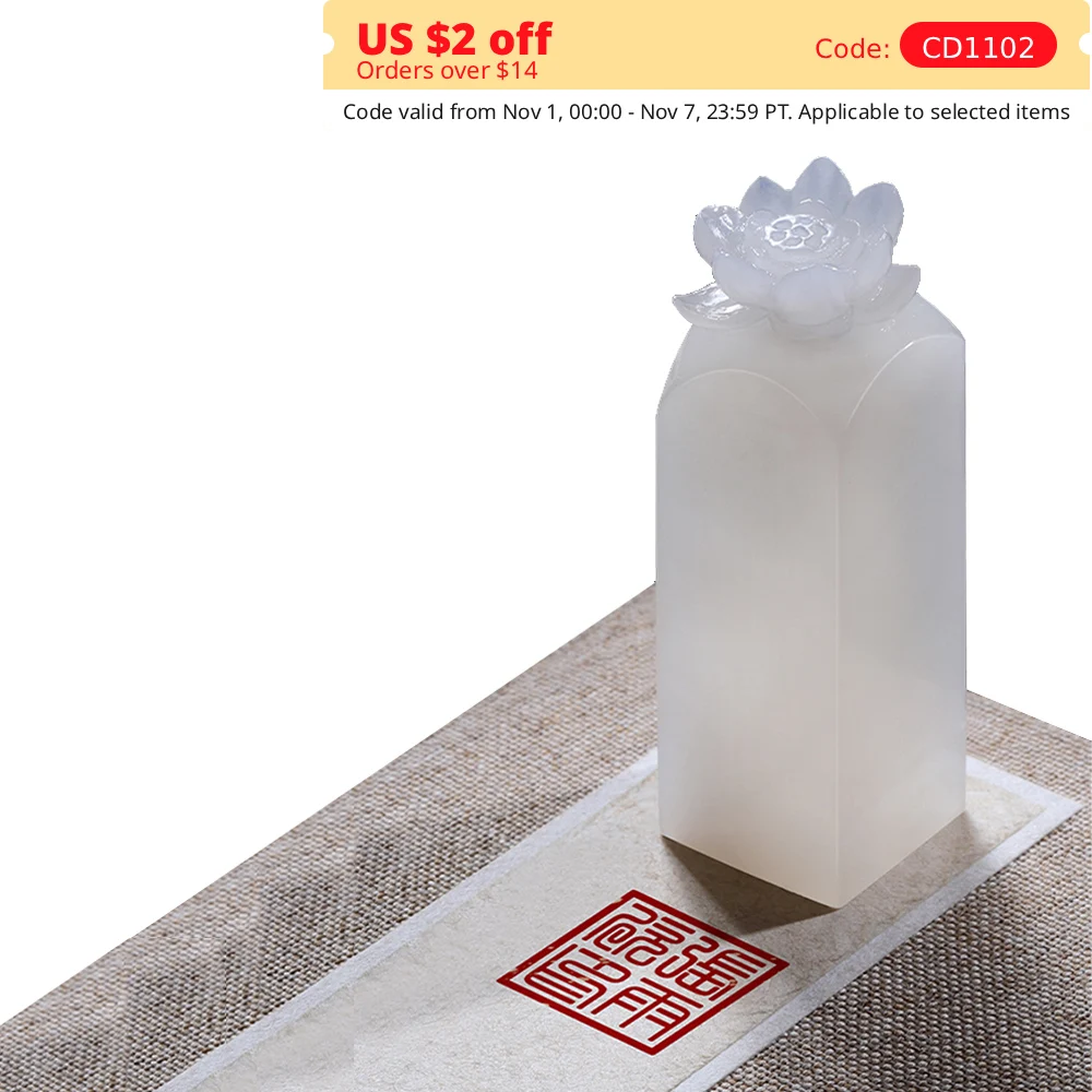 

Jade Stone Name Stamp Lotus Seal Stamp White 2CM Square Calligraphy Painting Signature Customized Stone Stamps Red Inkpad Gifts