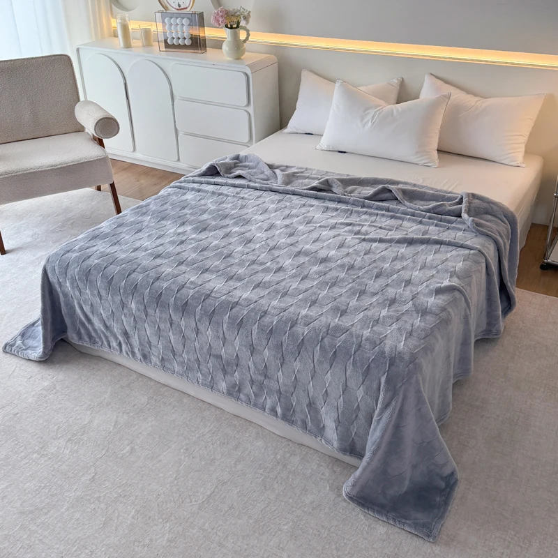 Textured Milk Fleece Blanket Soft Plush Flannel Throw Blanket for Sofa Bed Warm Cozy Geometric Embossed Bed Cover Home Decor