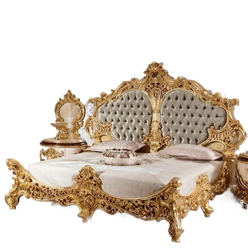 

Palace real wood carving flower fabric bed villa master bed large screen gold foil bed