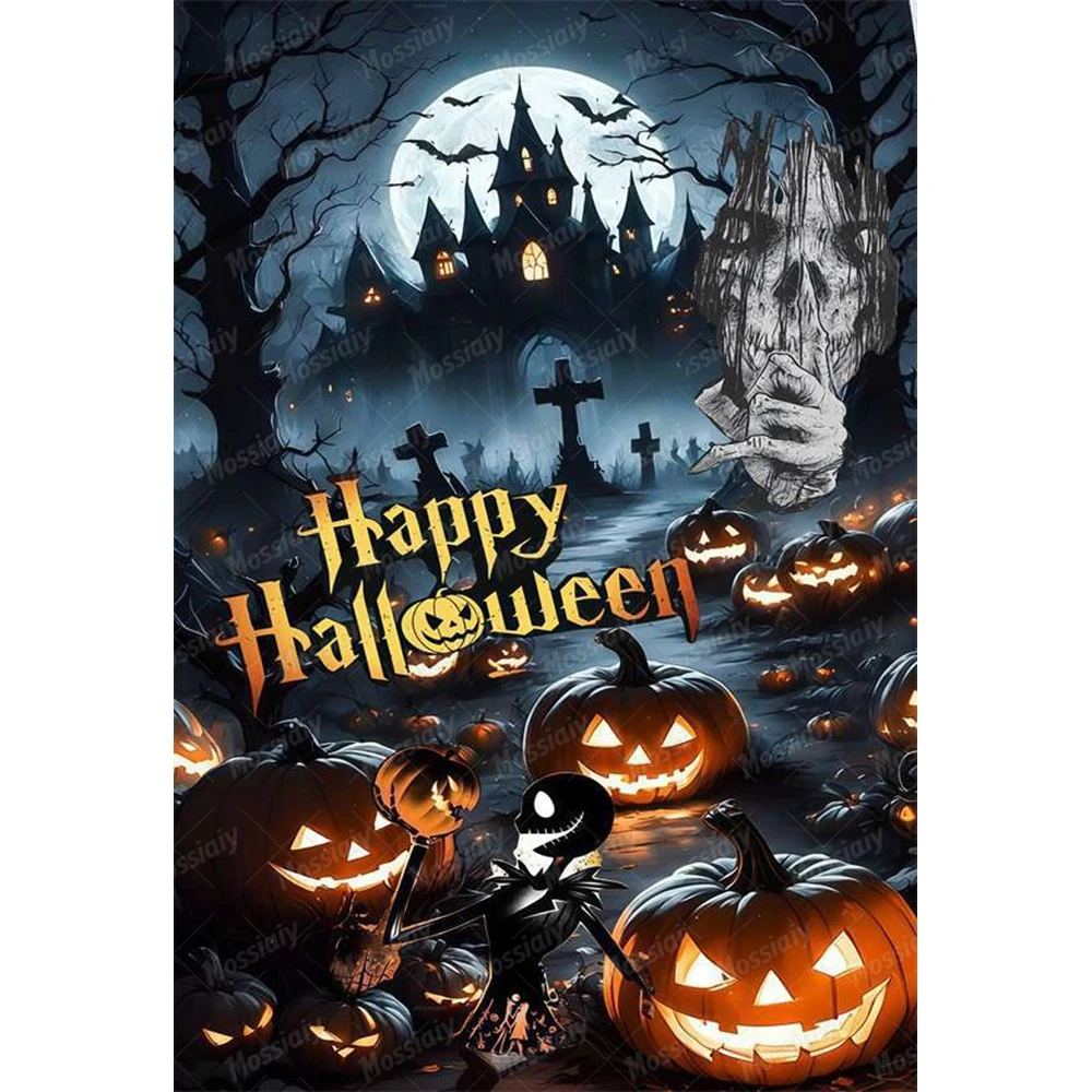 Halloween Pumpkin Bat Spider Web Backdrops Moon Candle Jack-o'-lantern Party Decor Photo Photography Background Studio Shoots