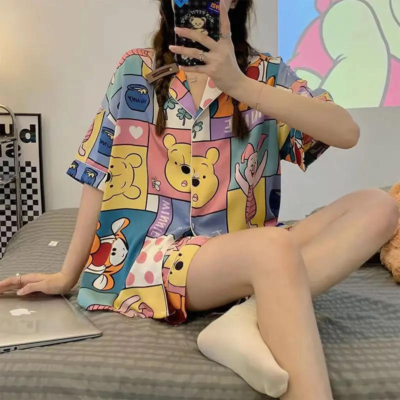 Bear print cartoon Casual pajamas women summer ice silk short-sleeved trousers thin summer silk home service suit Princess