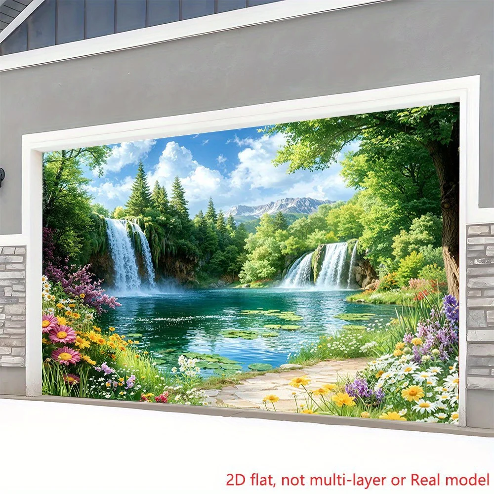 2D-Flachdruck-Partybanner, 1 Stück, Wasserfall, See, Blumenweg, Landschaft, Garagenhintergrund, Garagenbanner-Dekoration