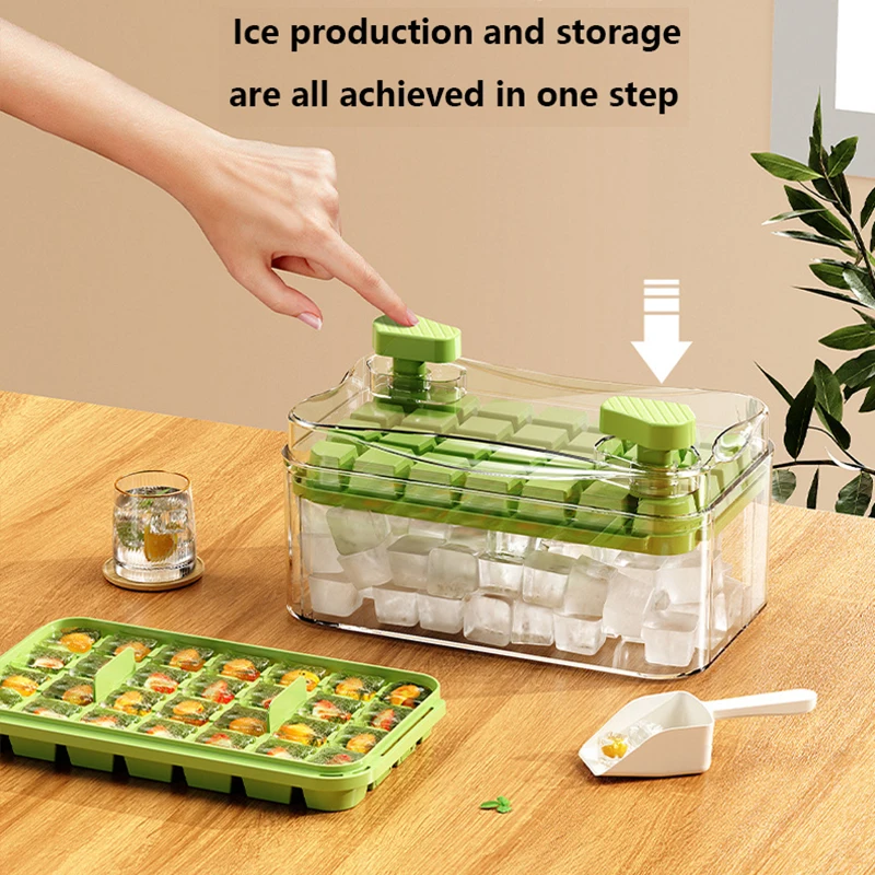 Molde para cubitos de hielo, bandeja para hielo tipo prensa, caja de almacenamiento y Fabricación de hielo, caja de almacenamiento de gran capacidad para uso doméstico con tapa de una butución