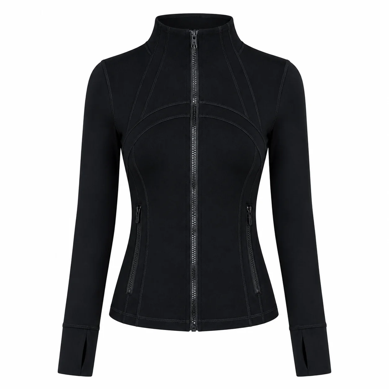 Women's Black Slim Fit Full Zip Sports Jacket Stand Collar Long Sleeve Running Yoga Workout Outerwear Style P003