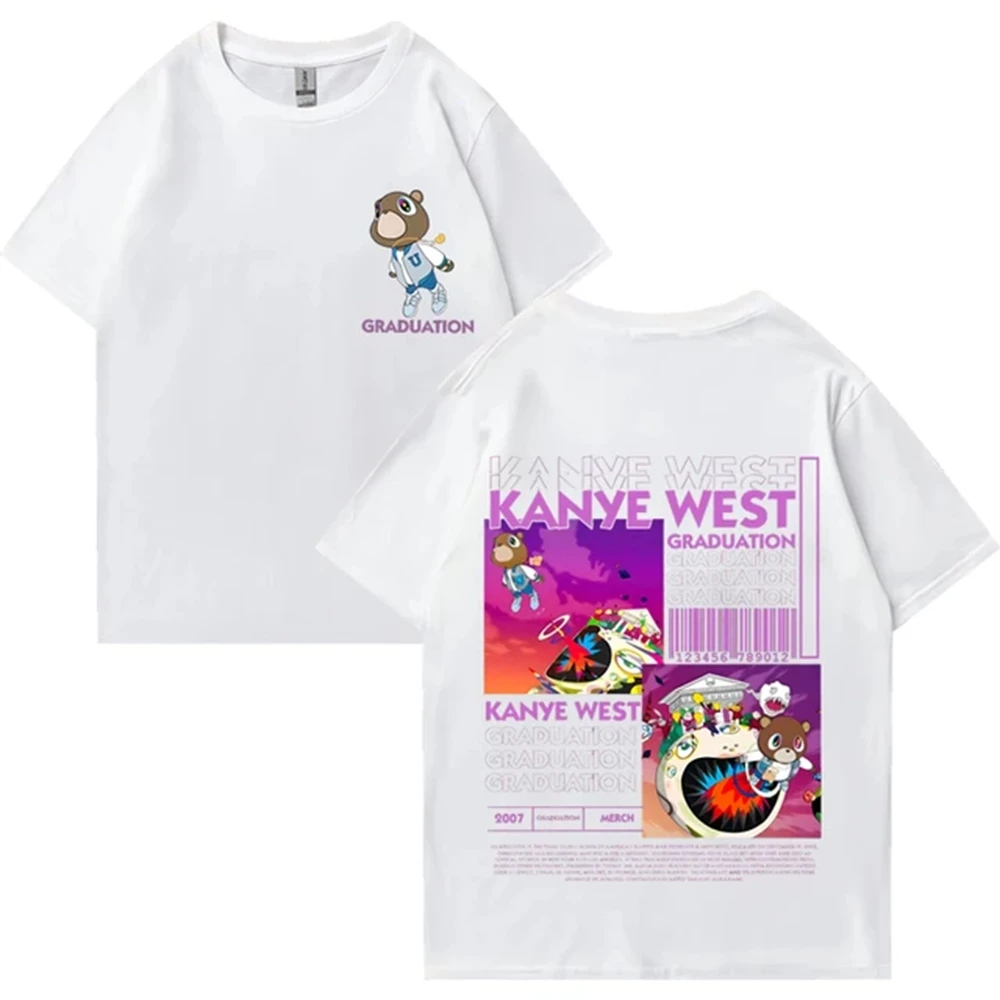 Kanye West graduación oso doble cara impresa camiseta hombres mujeres moda Hip Hop Cool Tops manga corta camisetas Unisex 72463