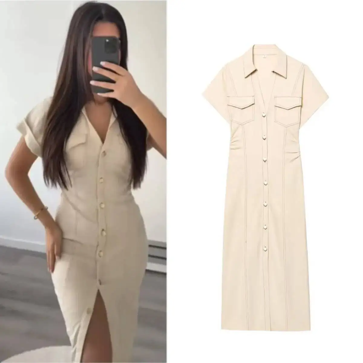 

ETJ 2025 Summer New TRAF Women's Elegant Fashion Waist Pleated V-Neck Short-Sleeved Temperament Denim MIDI Dress