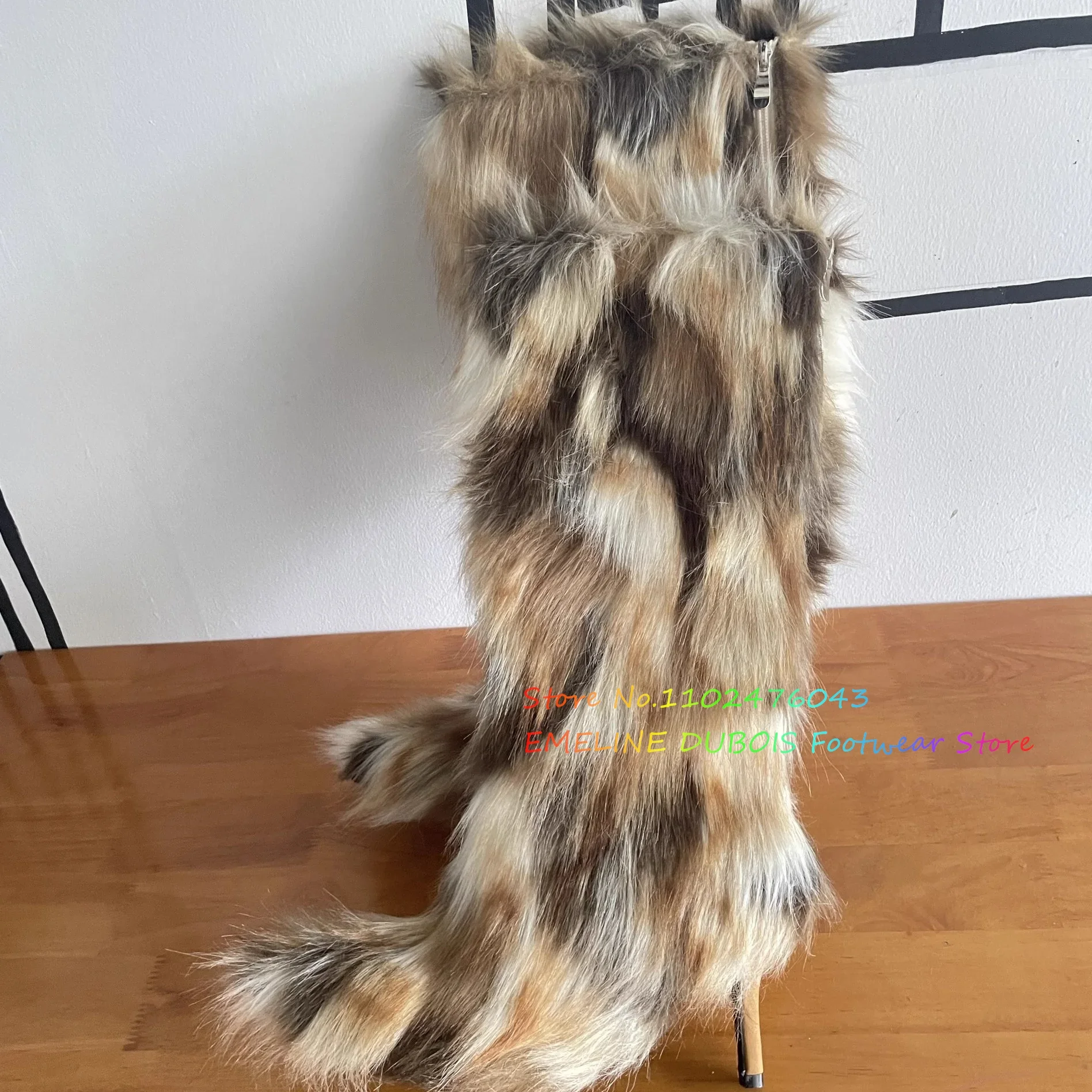 Multicolor Fur High Heel Knee High Boot Women Sexy Pointed Toe Stiletto Heel Winter Warm Back Zipper Newest Trandy Long Boot