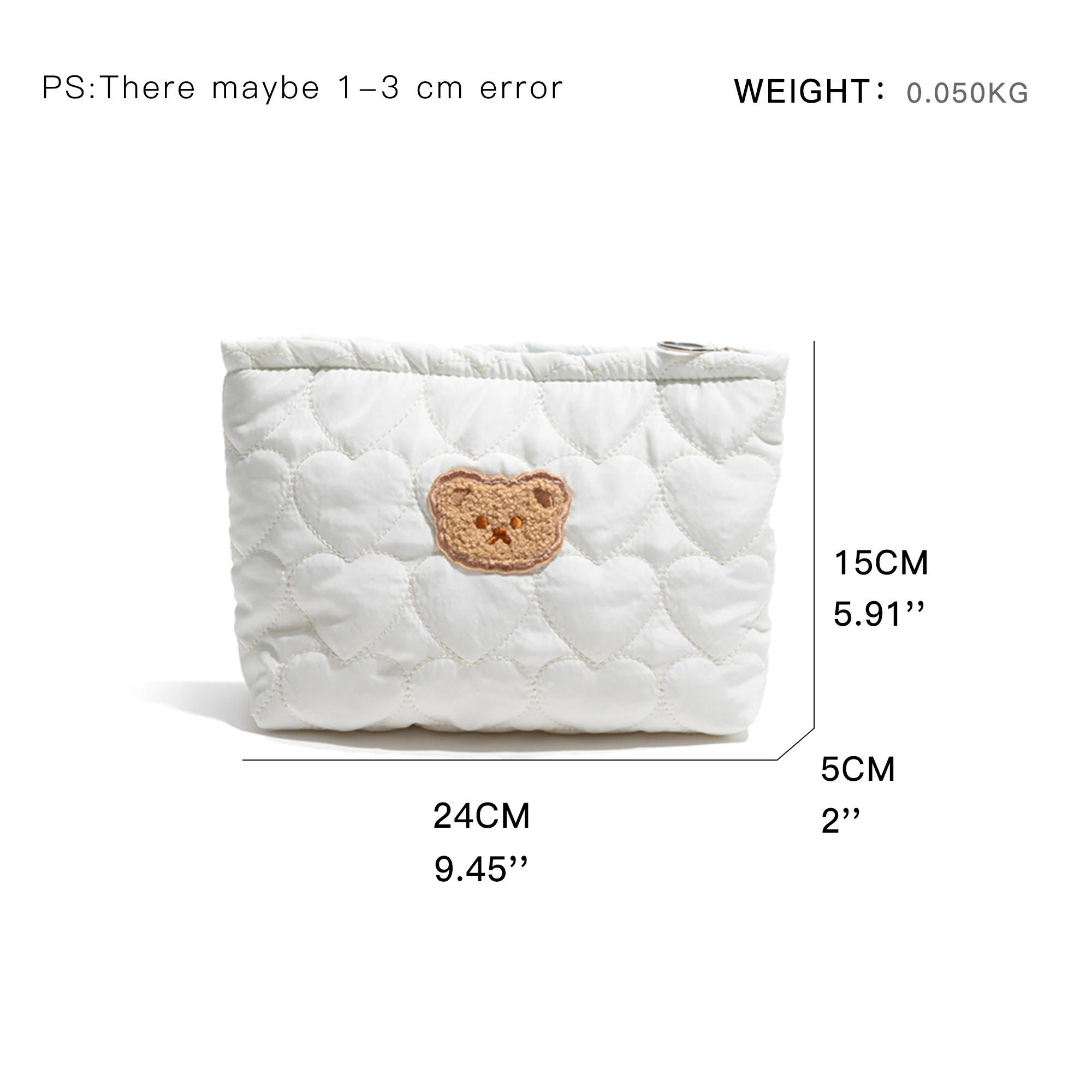 MABULA Nylon Padded Down Clutch Bag Cute Bear Makeup Pouch Solid Color Women's Travel Lightweight Portable Wash Cosmetics Bag