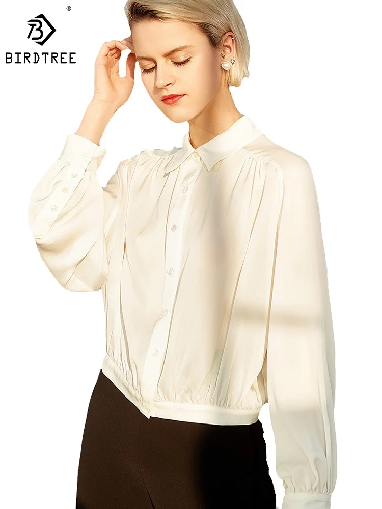 

Birdtree 100%Real Silk Women's Elegant Fashion Shirt Lapel White Loose Long Sleeve OL Commuter Blouses Fall Spring New T3D632QM