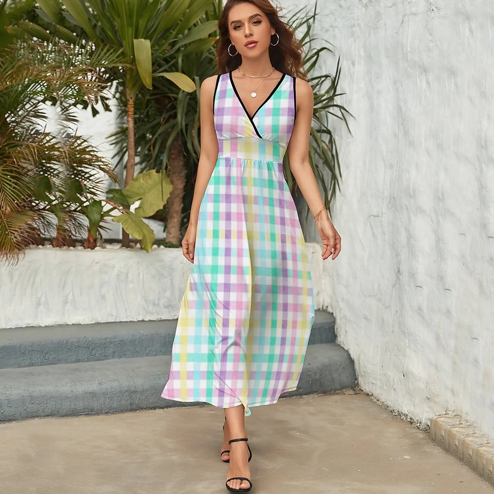 Xadrez Pastel Easter Check vestido sem mangas, vestido de baile para senhoras, primavera