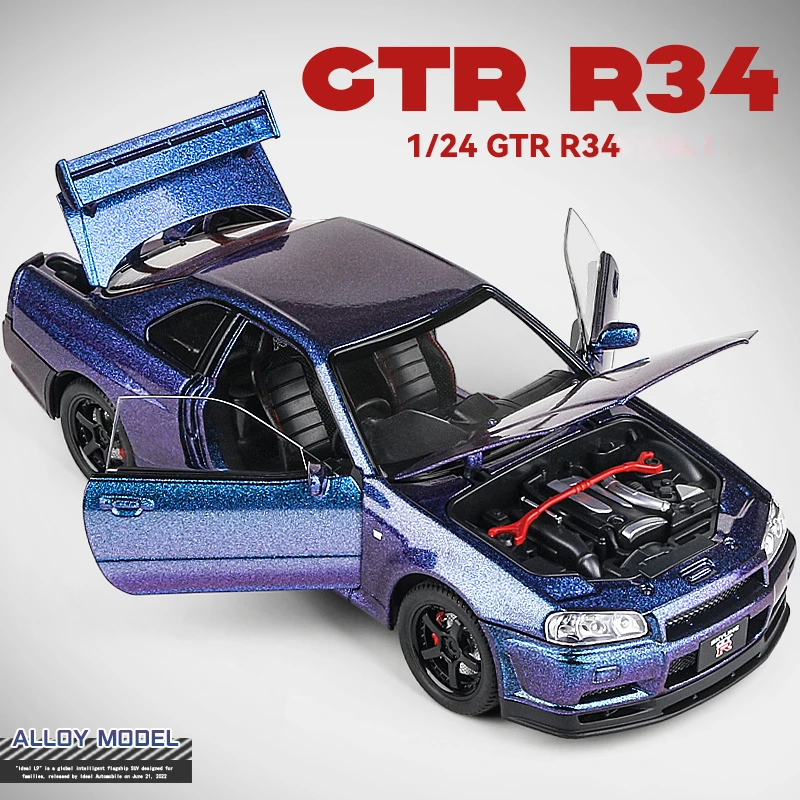 1/24 Nissan Skyline GTR-R34 Snelle En Furieuze Legering Automodel Geluidslicht Collectieve Miniatuur Voiture Diecast Speelgoedauto Jongen